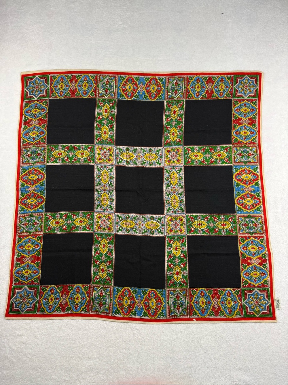 Carol Stanley Vintage Scarf Wool with Vibrant Multicolor Geometric Border *Flaws